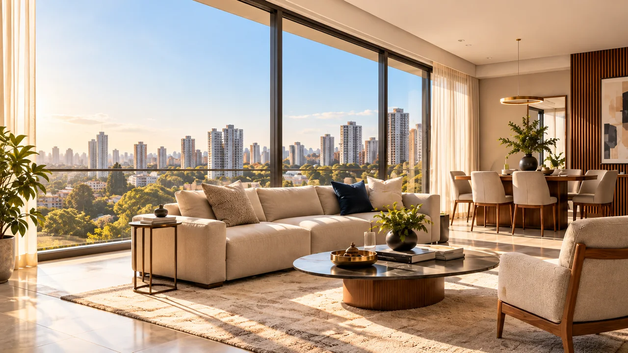 Sala de estar premium clara em tons bege, com janelas panorâmicas e vista urbana